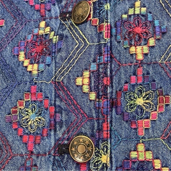 COLDWATER CREEK Boho Aztec Tribal Multicolor Embroidered Cotton Denim Jacket XL - Picture 11 of 16